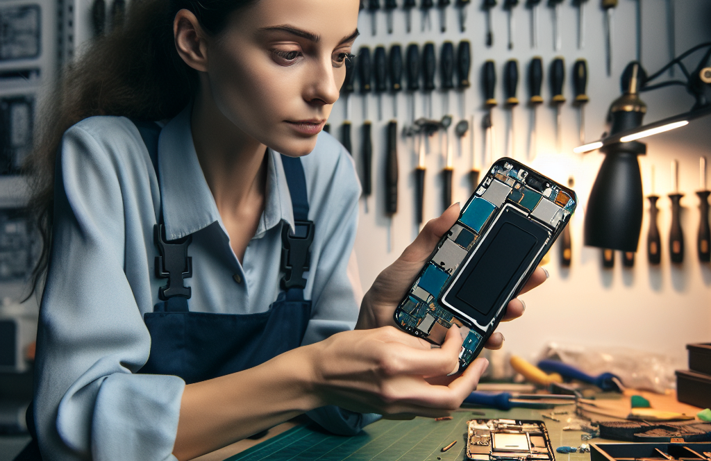 Technician carefully inspecting smartphone components, focusing